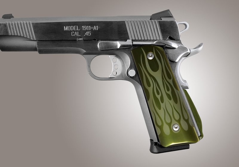 1911 Govt. Aluminum Magrip Kit - Flames Arched Matte Green